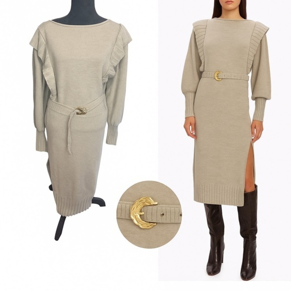 Nicholas 100% Wool Ruffle Shoulder Belted Sweater Midi Dress – Size L